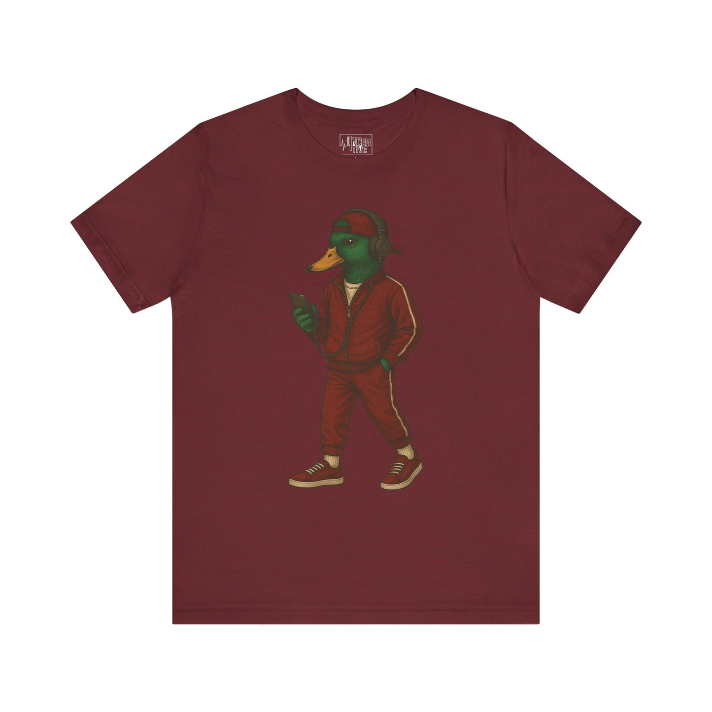 Cardinal Tracksuit Duck T-shirt front view with anthropomorphic mallard duck graphic