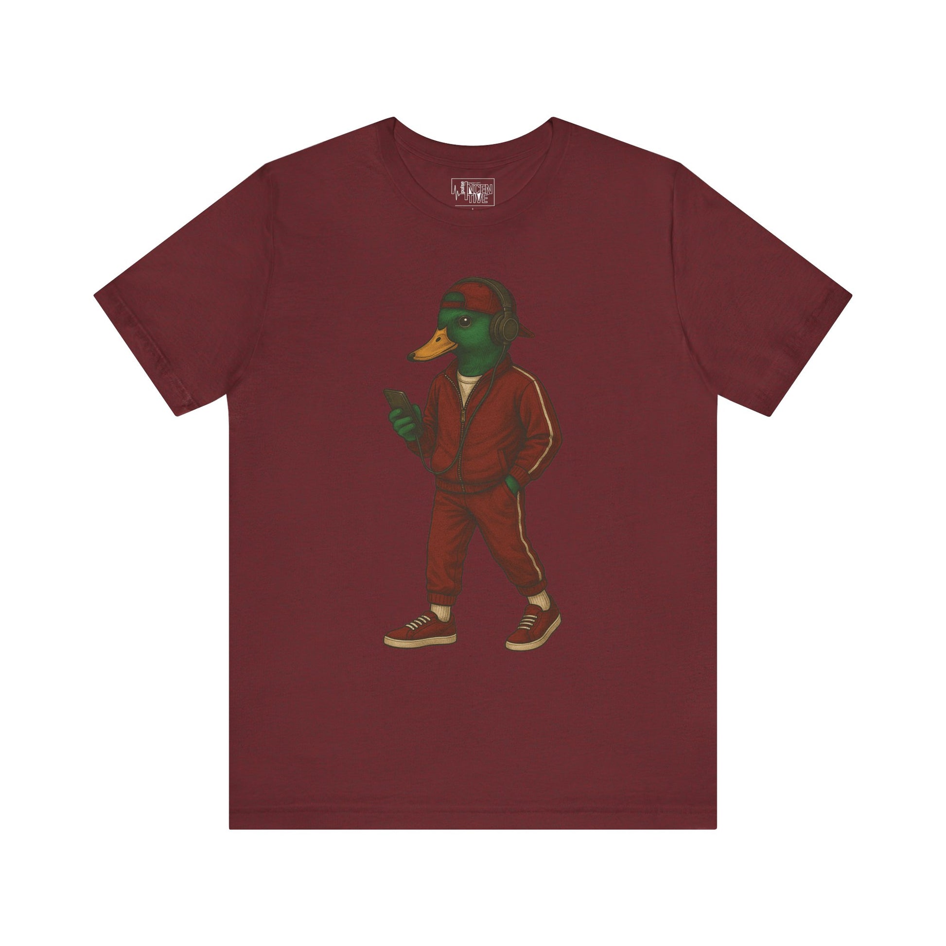 Cardinal Tracksuit Duck T-shirt front view with anthropomorphic mallard duck graphic