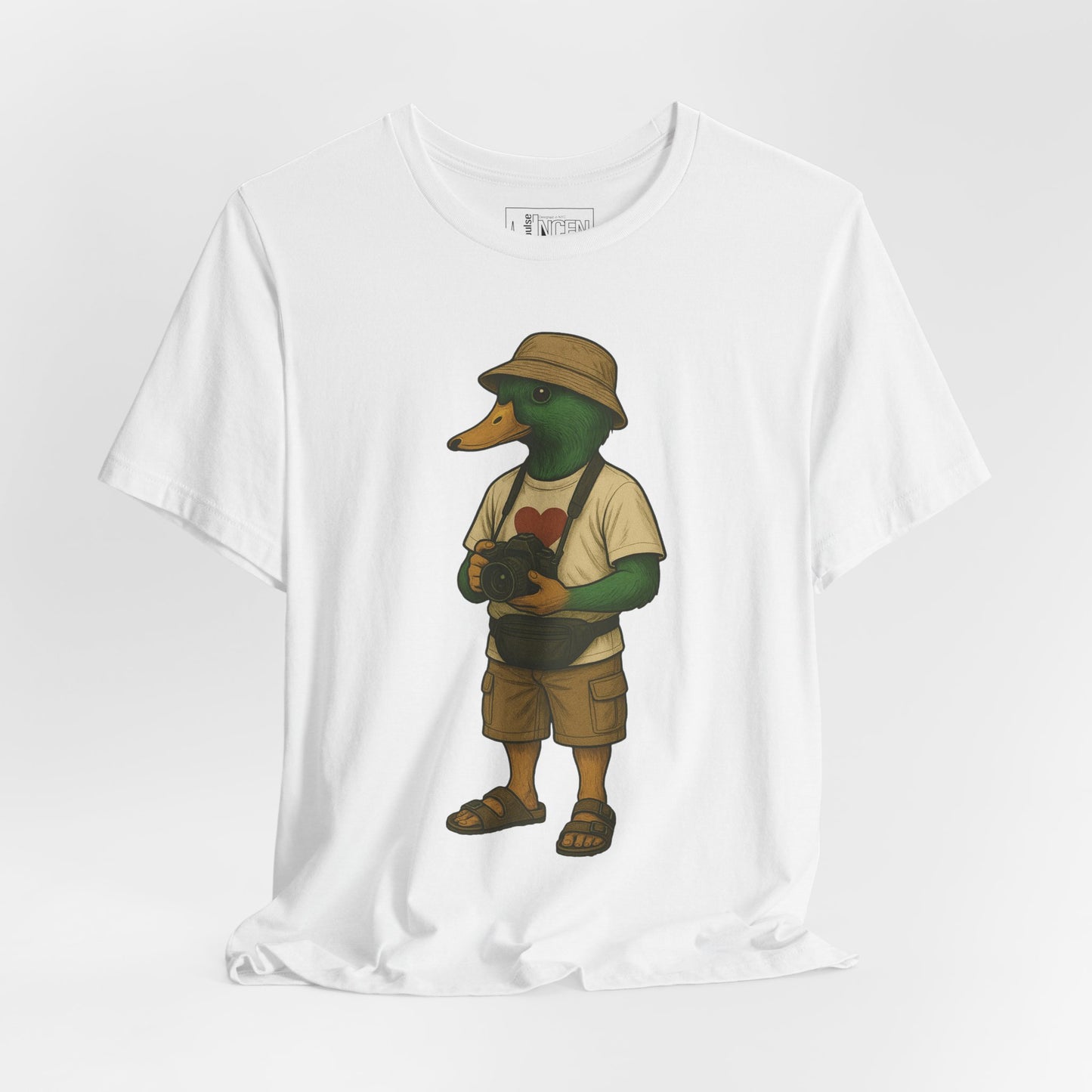 White Tourist Duck T-shirt front view with anthropomorphic mallard duck graphic