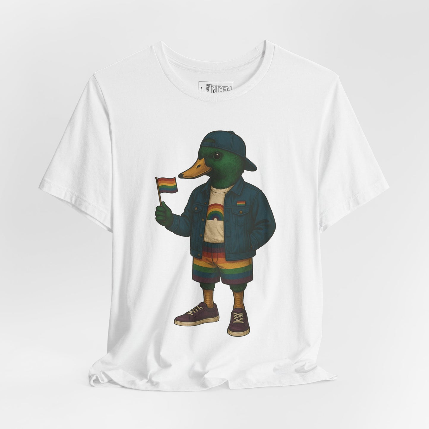White Pride Duck LGBTQ+ T-shirt front view with rainbow outfit and Pride flag graphic