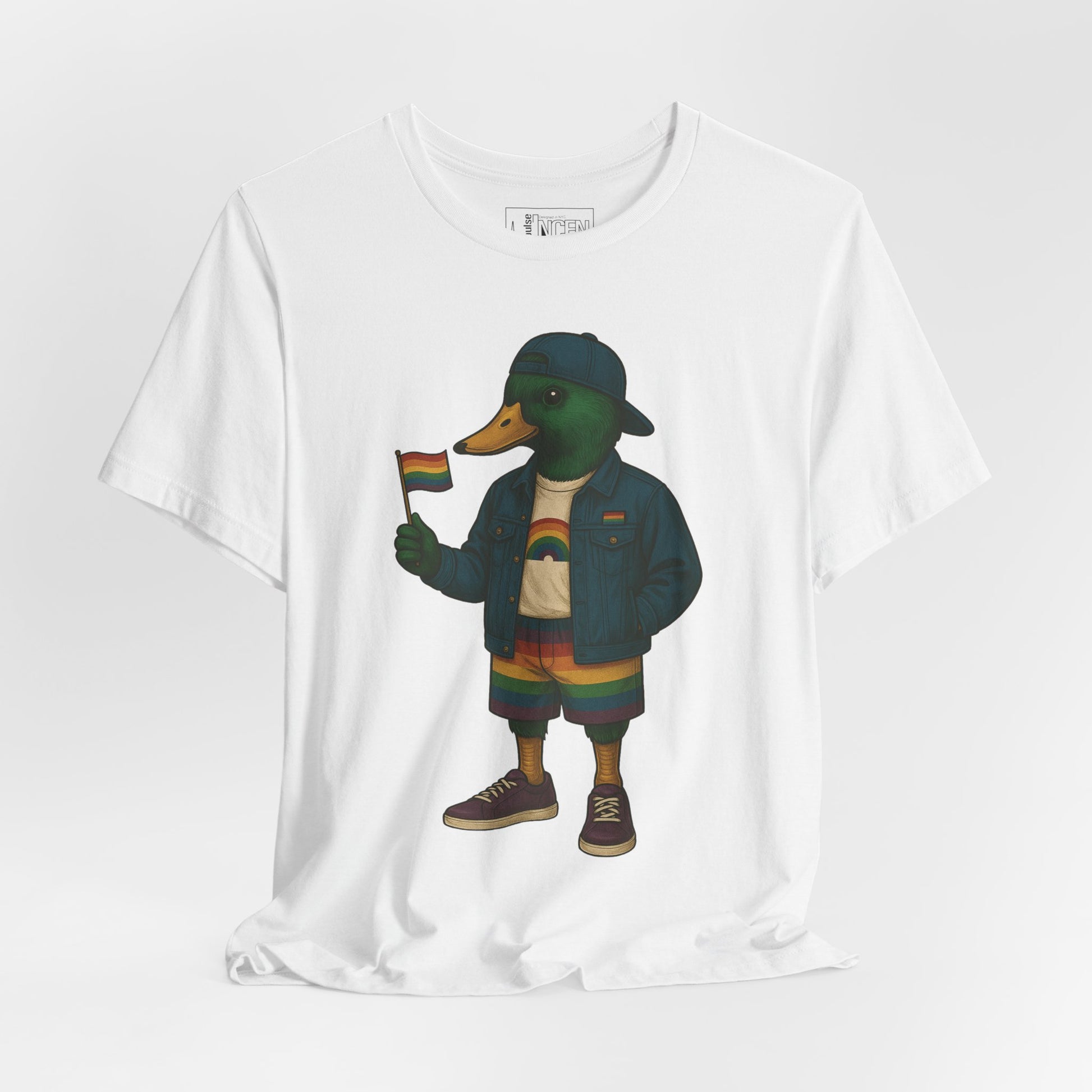 White Pride Duck LGBTQ+ T-shirt front view with rainbow outfit and Pride flag graphic