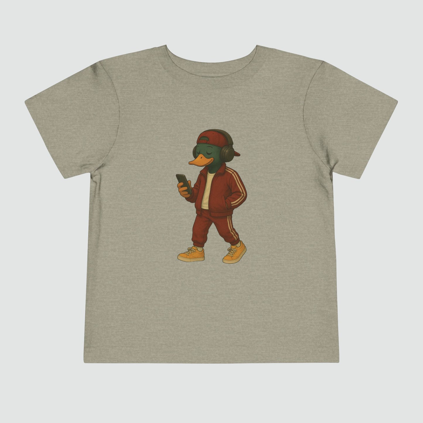 Stone Tracksuit Duck Toddler T-shirt front view with anthropomorphic mallard duck graphic