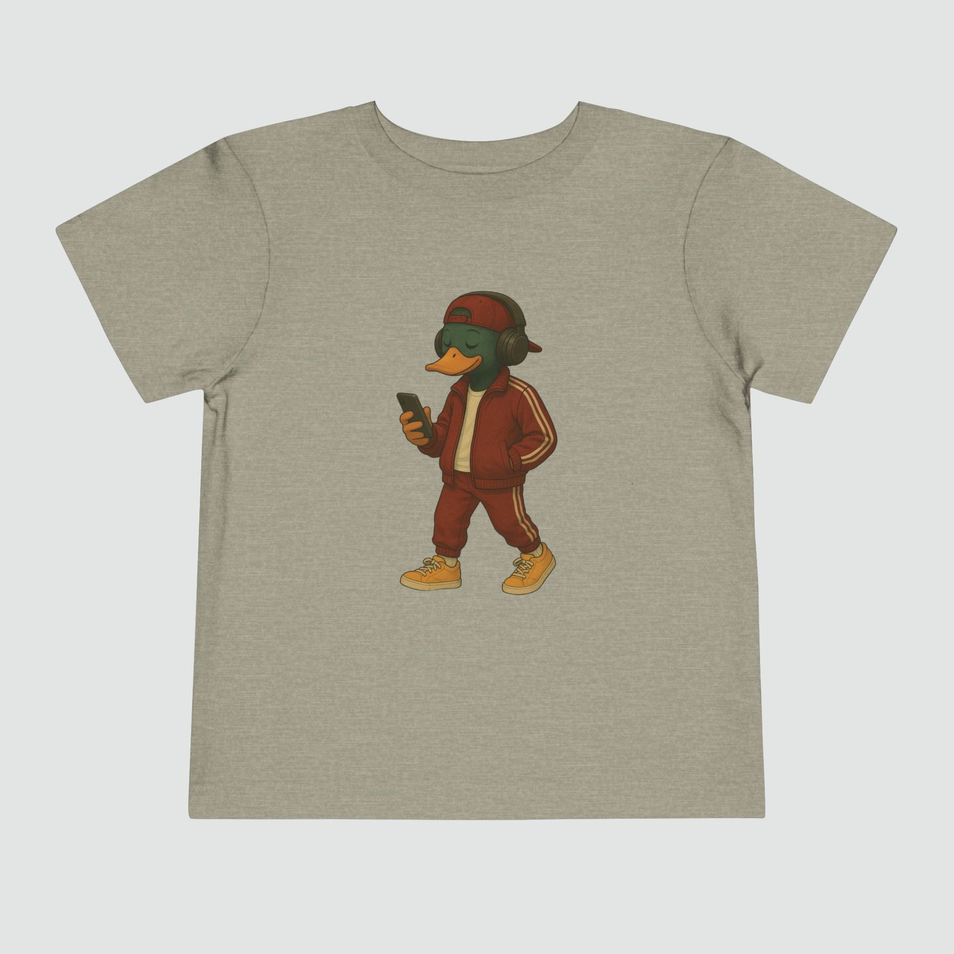 Stone Tracksuit Duck Toddler T-shirt front view with anthropomorphic mallard duck graphic