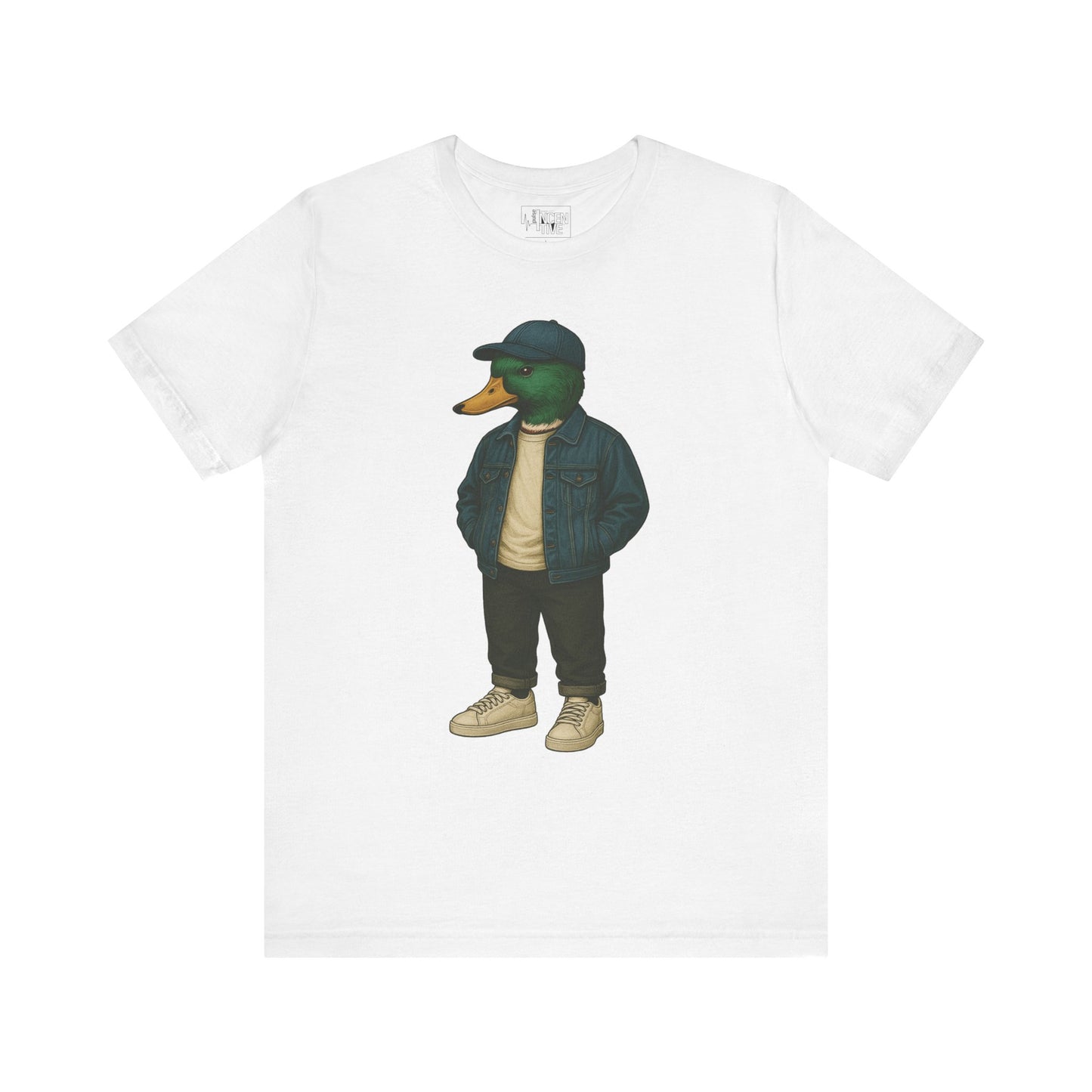 White Denim Duck T-shirt front view with anthropomorphic mallard duck graphic