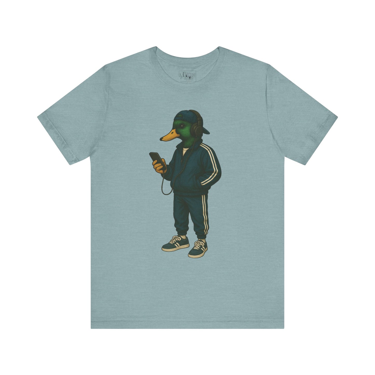 Blue Lagoon Tracksuit Duck T-shirt front view with anthropomorphic mallard duck graphic