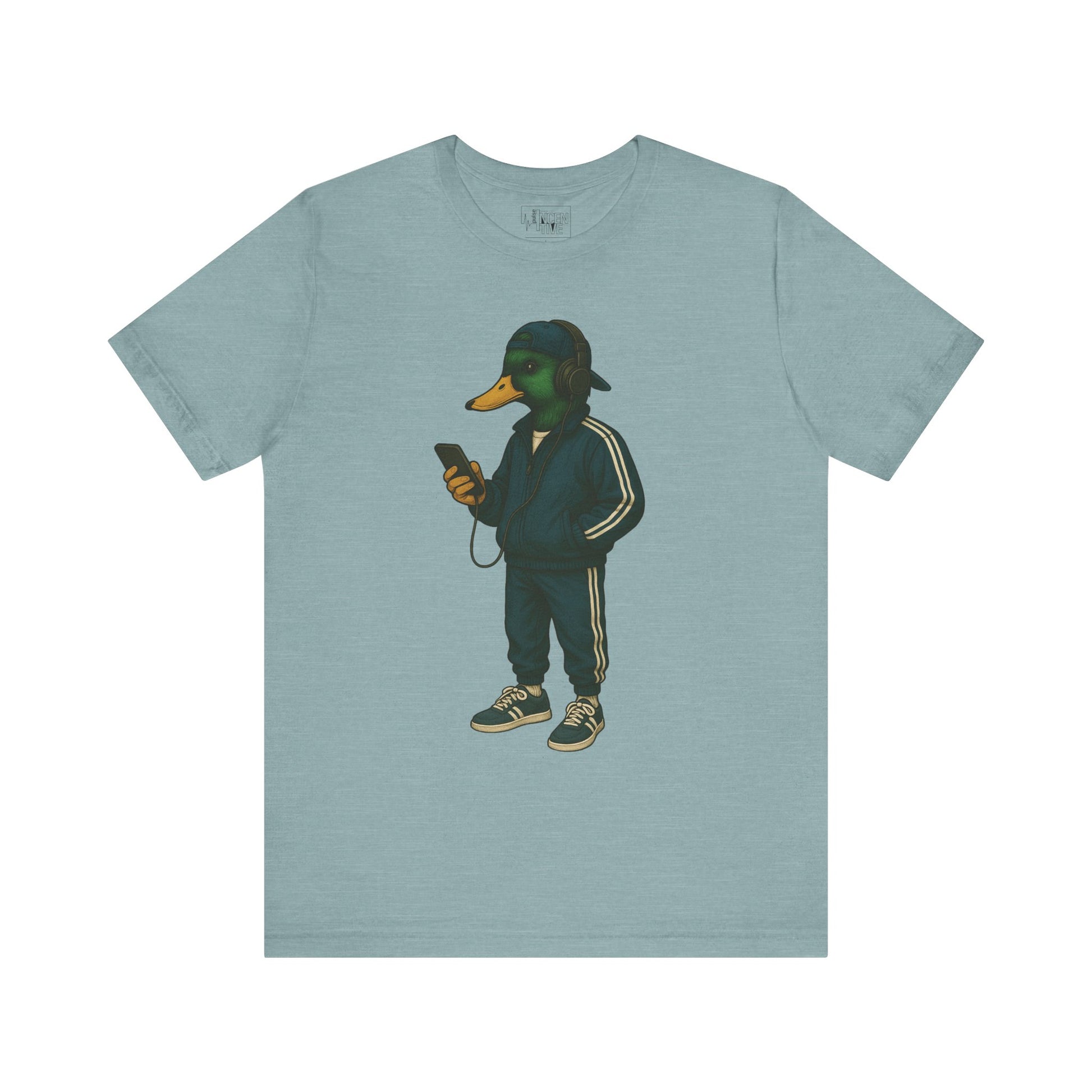 Blue Lagoon Tracksuit Duck T-shirt front view with anthropomorphic mallard duck graphic