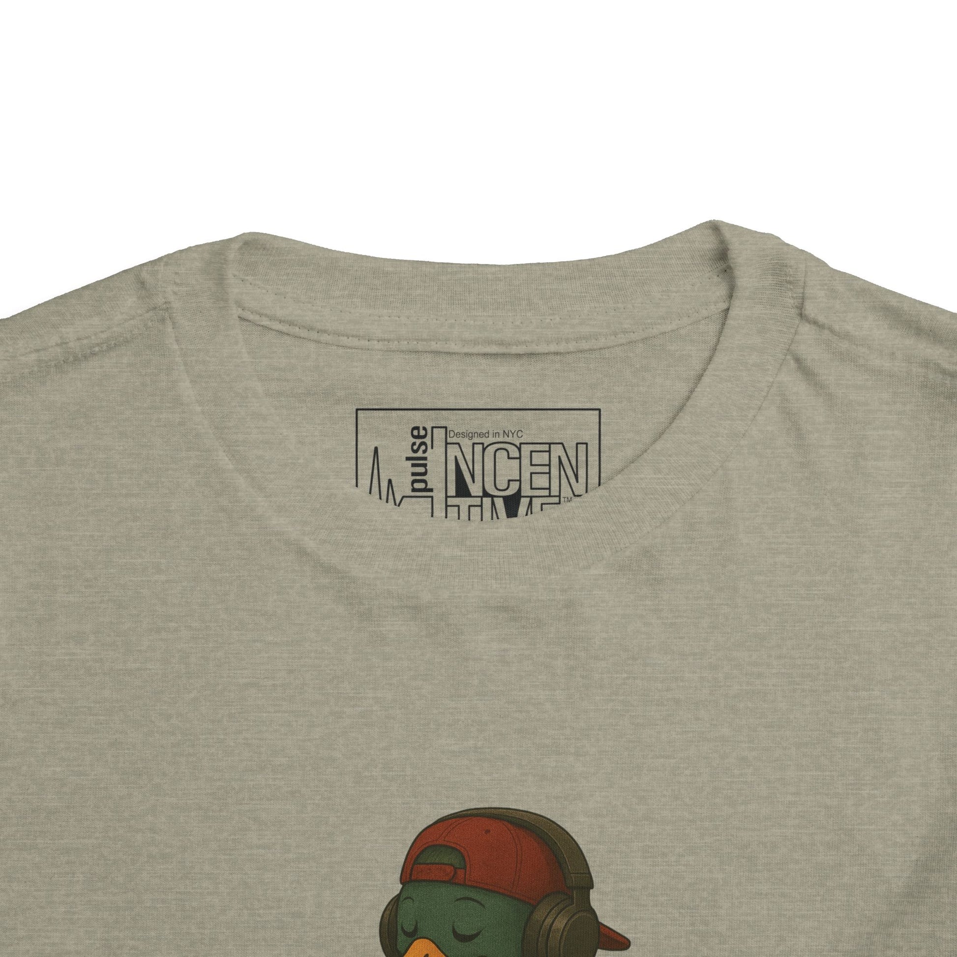 Stone Tracksuit Duck Toddler T-shirt neck view with anthropomorphic mallard duck graphic