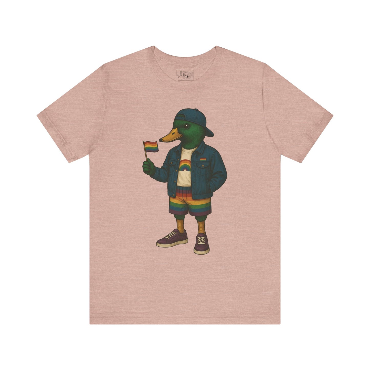 Peach Pride Duck LGBTQ+ T-shirt front view with rainbow outfit and Pride flag graphic