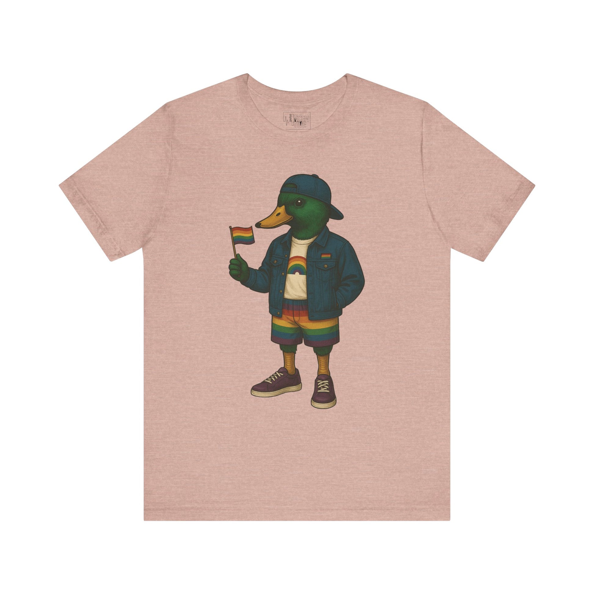 Peach Pride Duck LGBTQ+ T-shirt front view with rainbow outfit and Pride flag graphic
