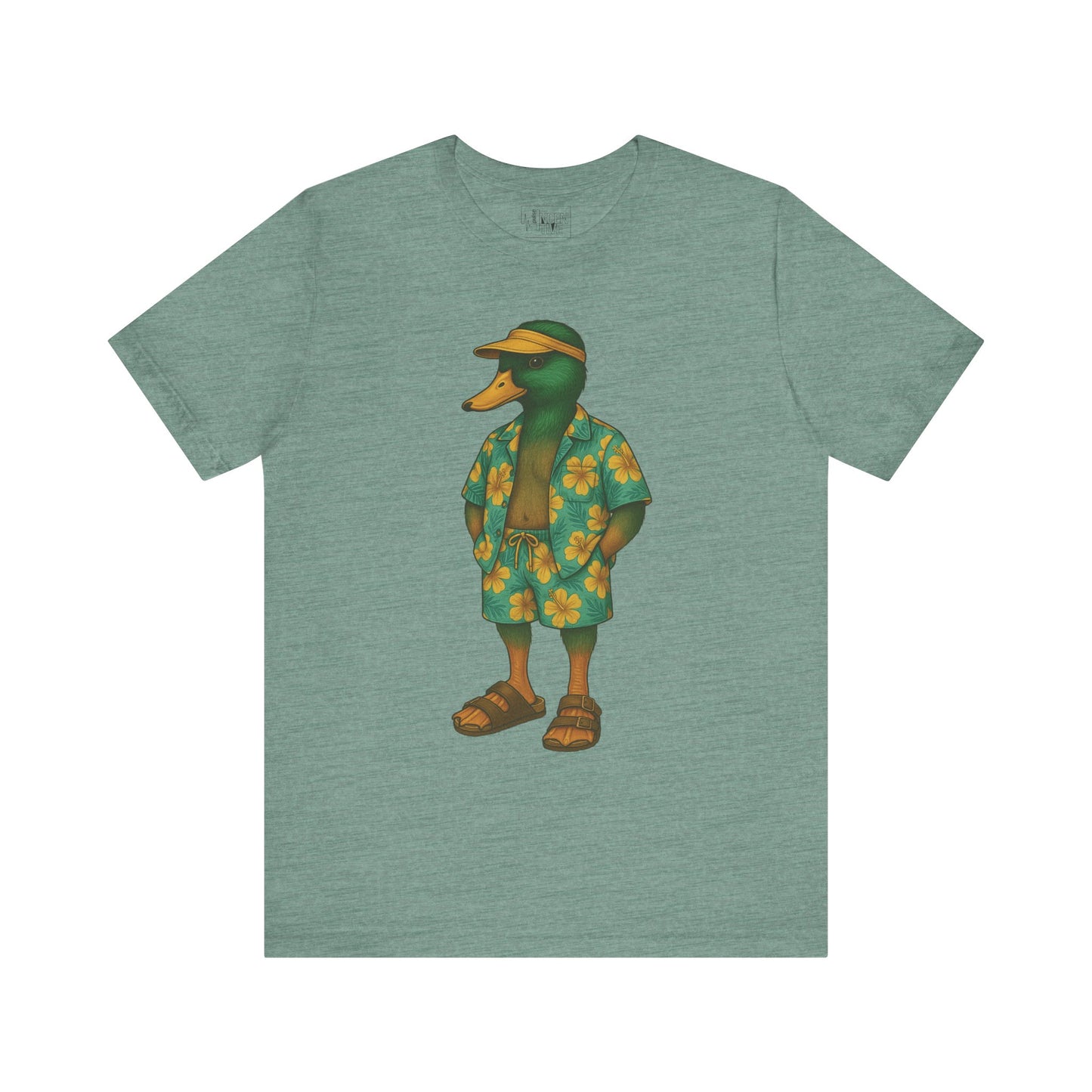 Dusty Blue Hawaiian Duck T-shirt front view with anthropomorphic mallard duck graphic