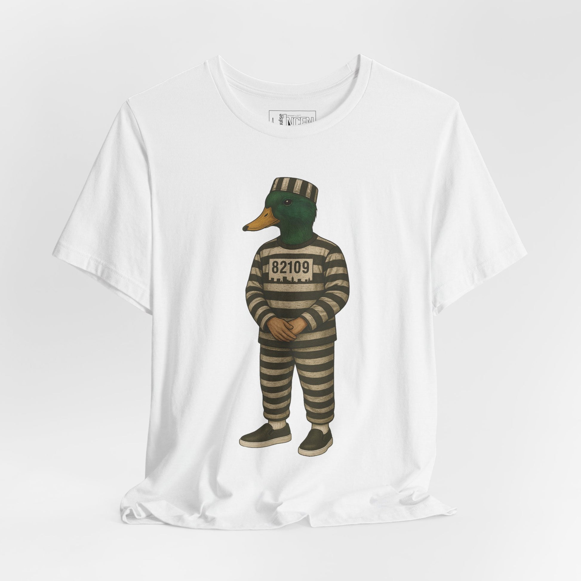 White Prison Duck T-shirt front view with anthropomorphic mallard duck graphic