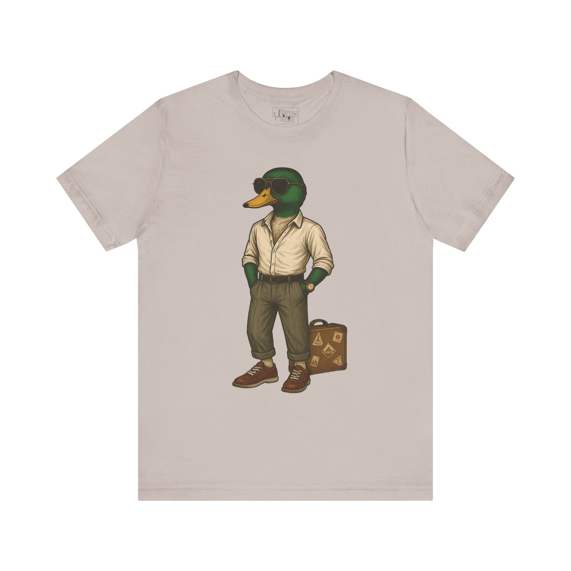 Cool Grey Jetsetter Duck T-shirt front view with anthropomorphic mallard duck graphic
