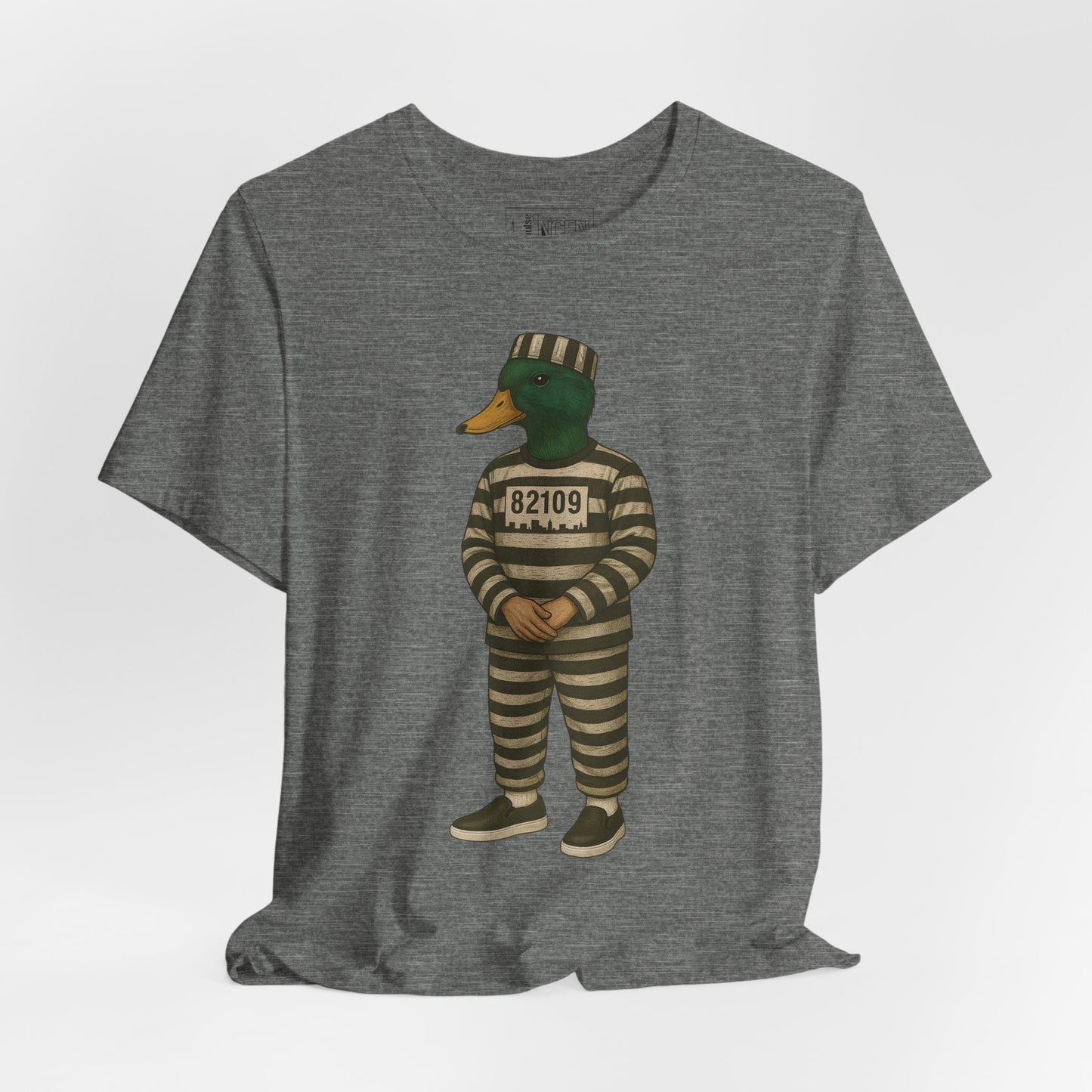 Heather Grey Prison Duck T-shirt front view with anthropomorphic mallard duck graphic