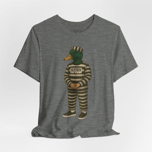 Heather Grey Prison Duck T-shirt front view with anthropomorphic mallard duck graphic