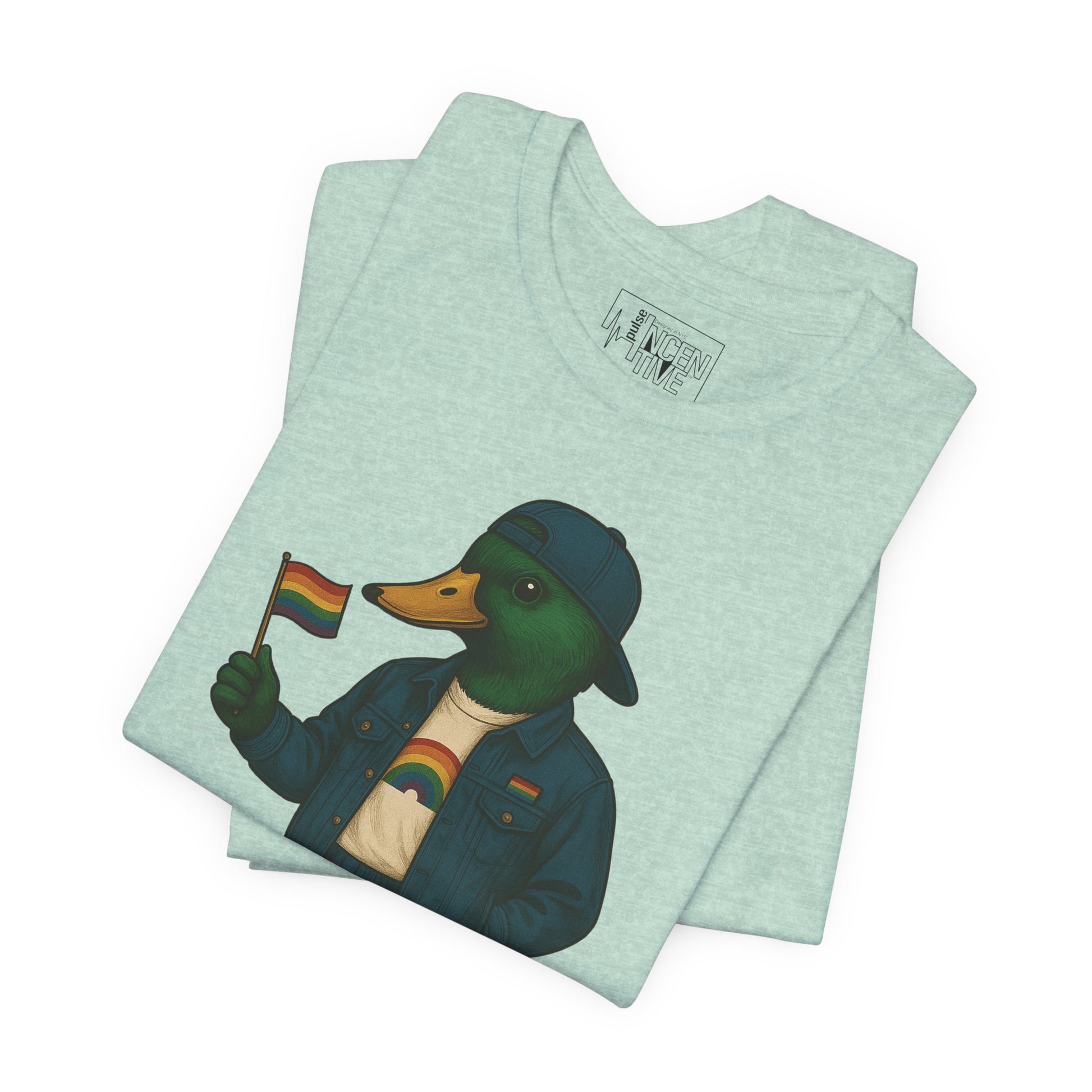 Mint Pride Duck LGBTQ+ T-shirt folded view with rainbow outfit and Pride flag graphic