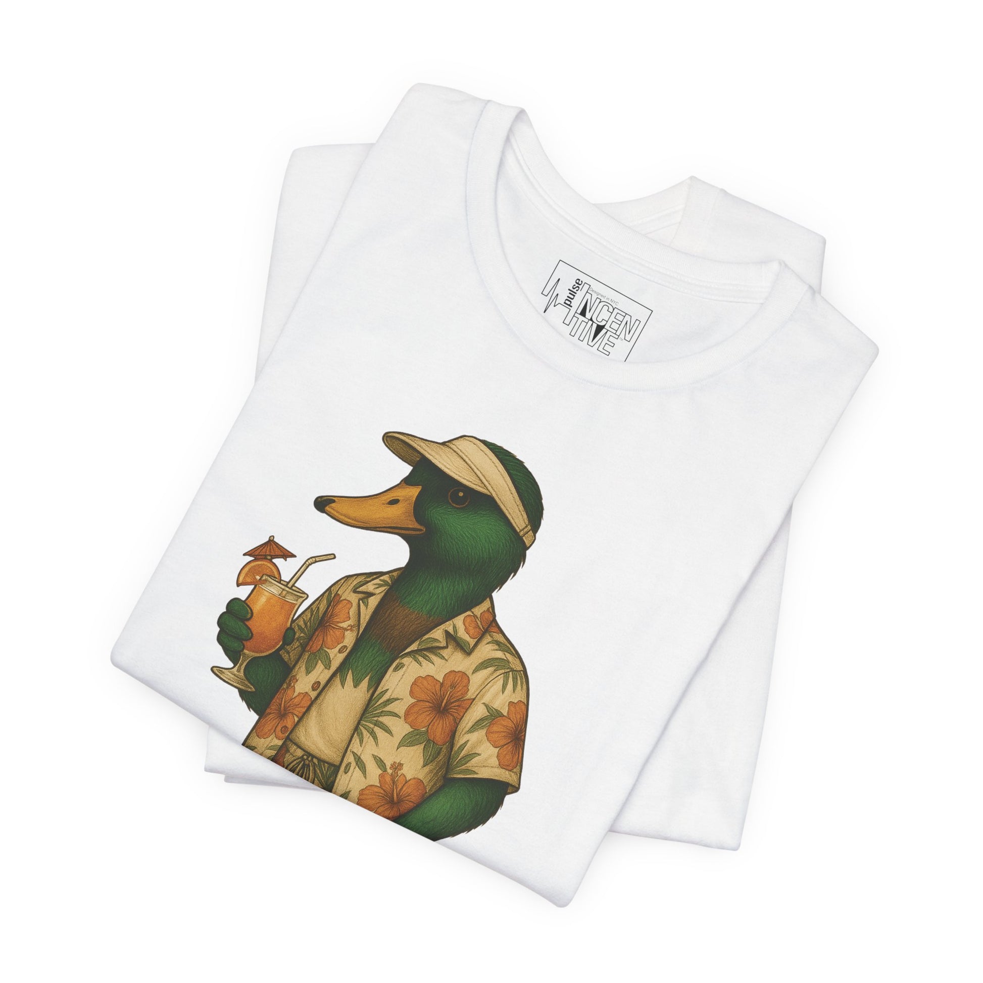White Poolside Duck T-shirt folded view with anthropomorphic mallard duck graphic