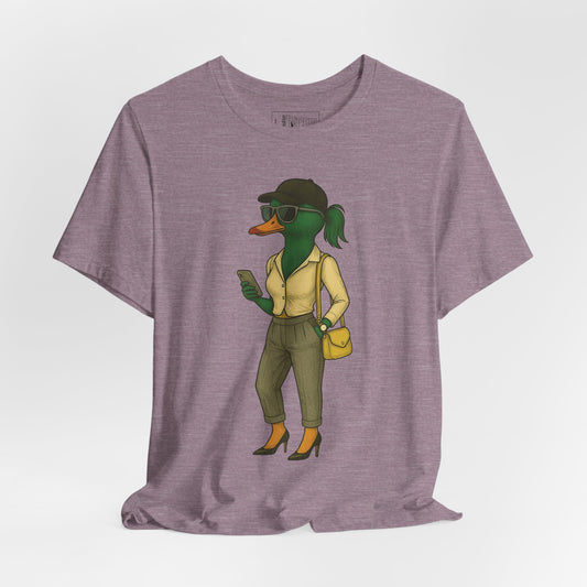 Purple Hipster She Duck T-shirt front view with anthropomorphic mallard duck graphic