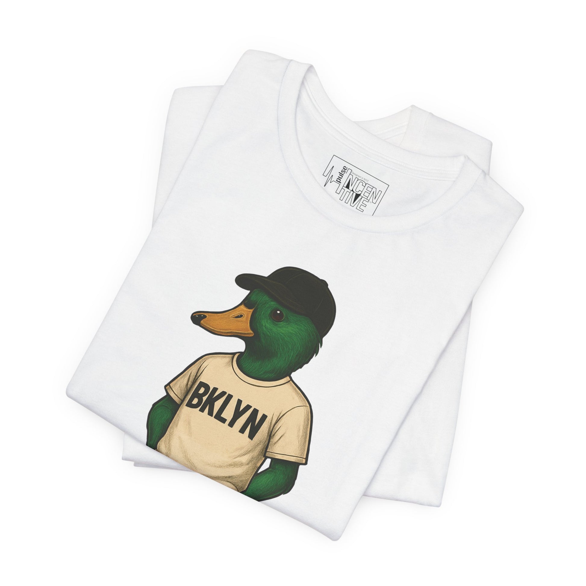 White BKLYN Duck T-shirt folded view with anthropomorphic mallard duck graphic