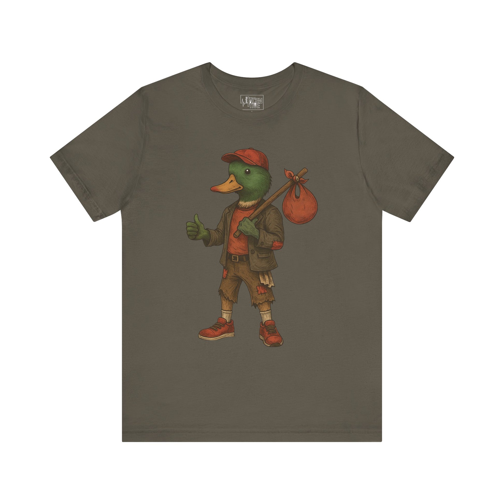 Army No Luck Duck T-shirt front view with anthropomorphic mallard duck graphic