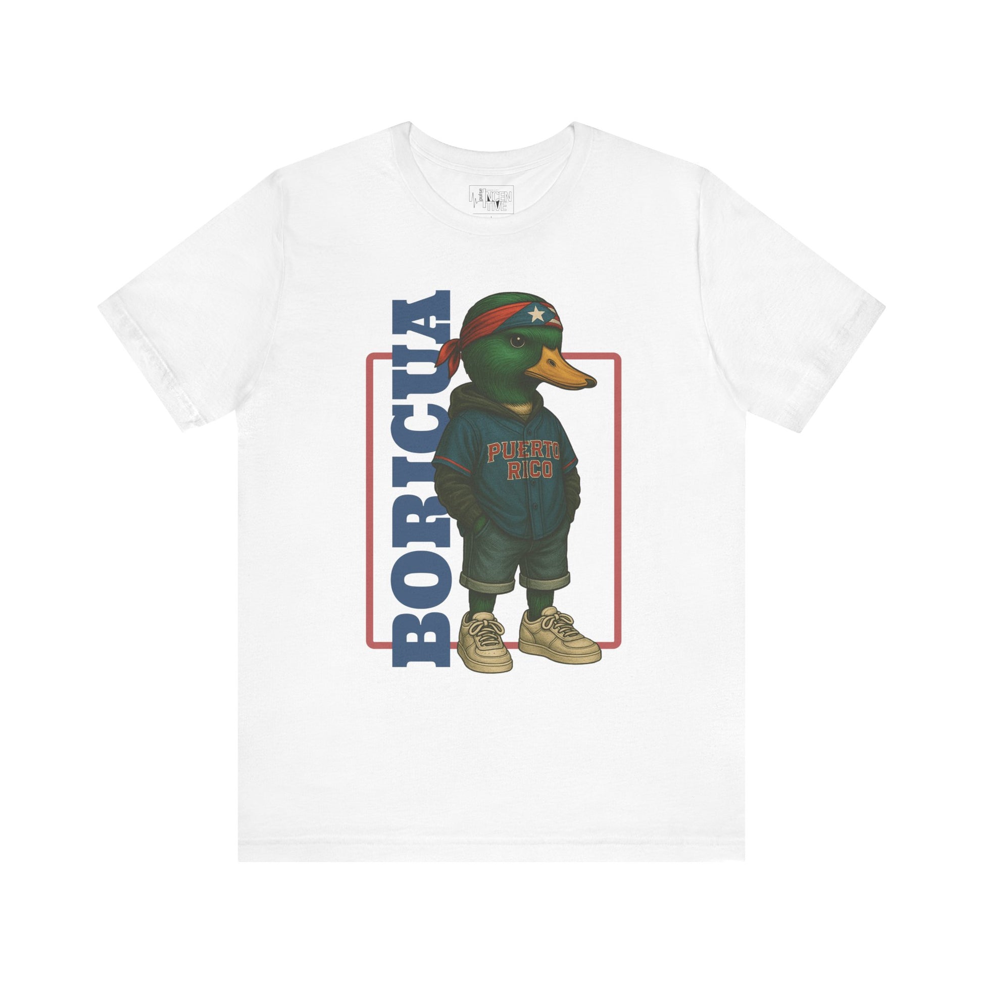White Boricua Duck T-shirt front view with anthropomorphic mallard duck graphic