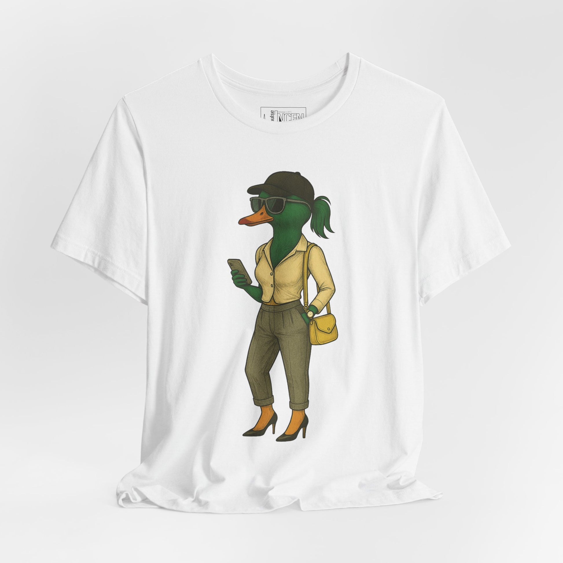 White Hipster She Duck T-shirt front view with anthropomorphic mallard duck graphic