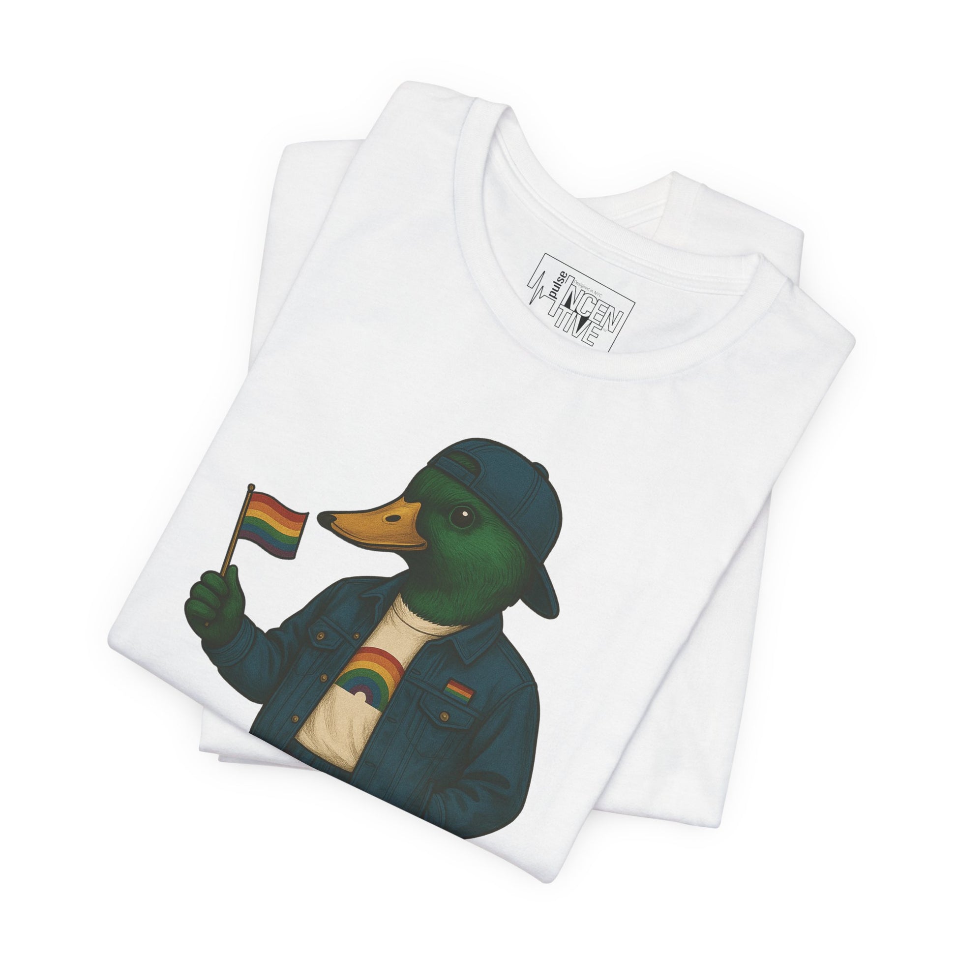 White Pride Duck LGBTQ+ T-shirt folded view with rainbow outfit and Pride flag graphic