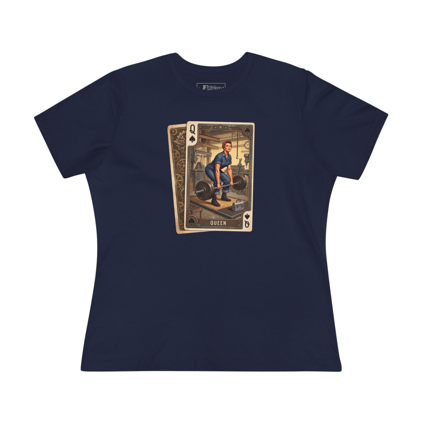 Queen of Strength Graphic Tee — Vintage Weightlifting Playing Card Design
