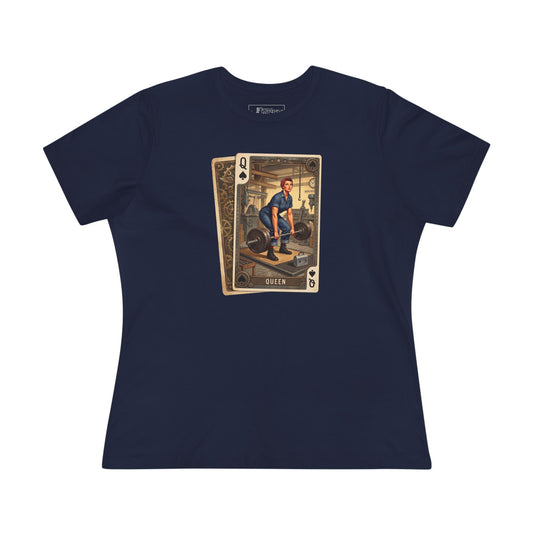 Queen of Strength Graphic Tee — Vintage Weightlifting Playing Card Design