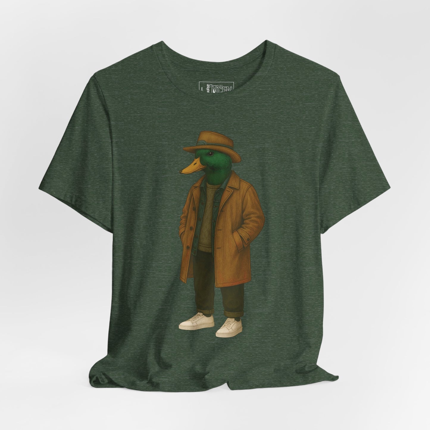Forest Green Noir Duck T-shirt front view with anthropomorphic mallard duck graphic