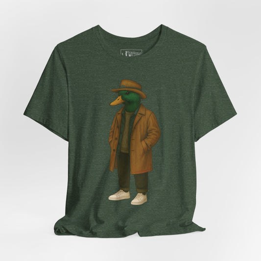 Forest Green Noir Duck T-shirt front view with anthropomorphic mallard duck graphic