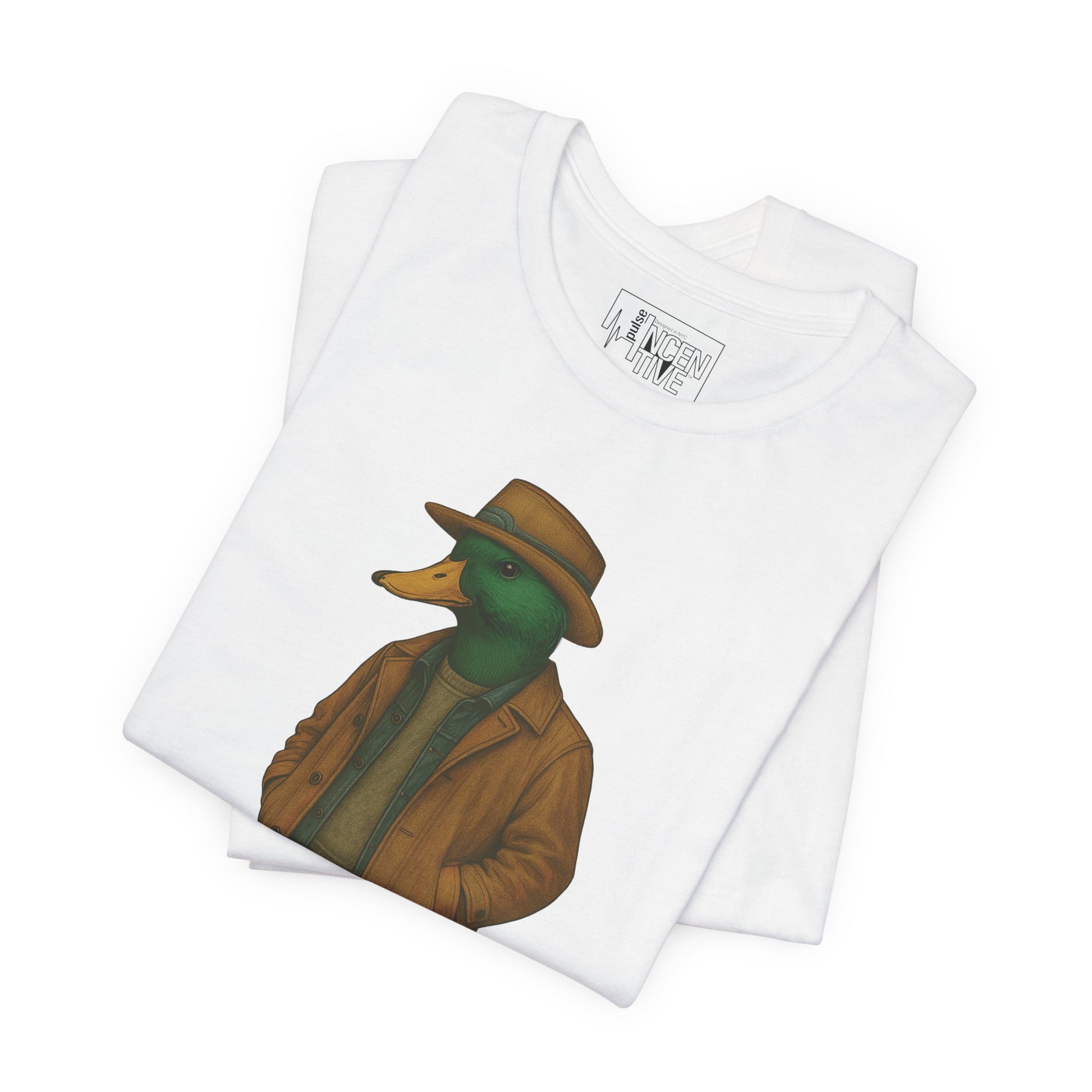 White Noir Duck T-shirt folded view with anthropomorphic mallard duck graphic