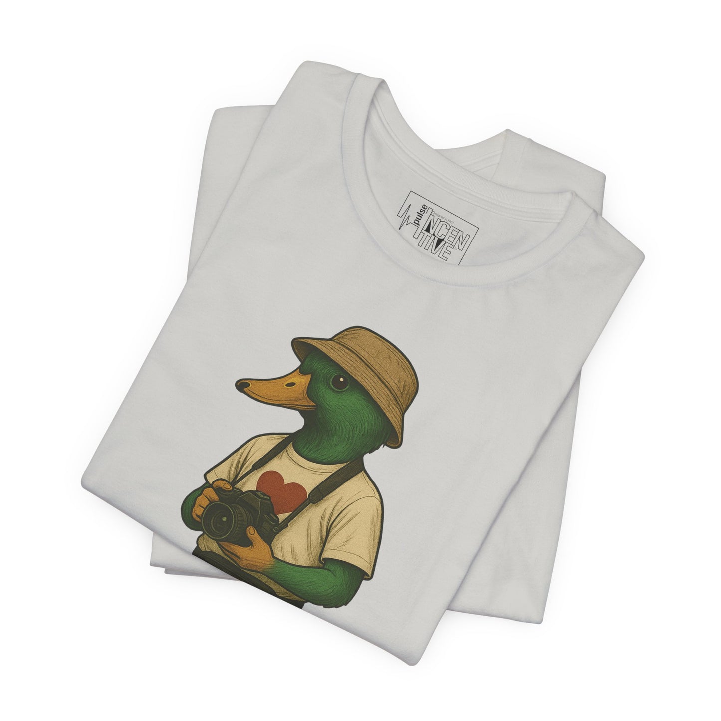 Silver Tourist Duck T-shirt folded view with anthropomorphic mallard duck graphic