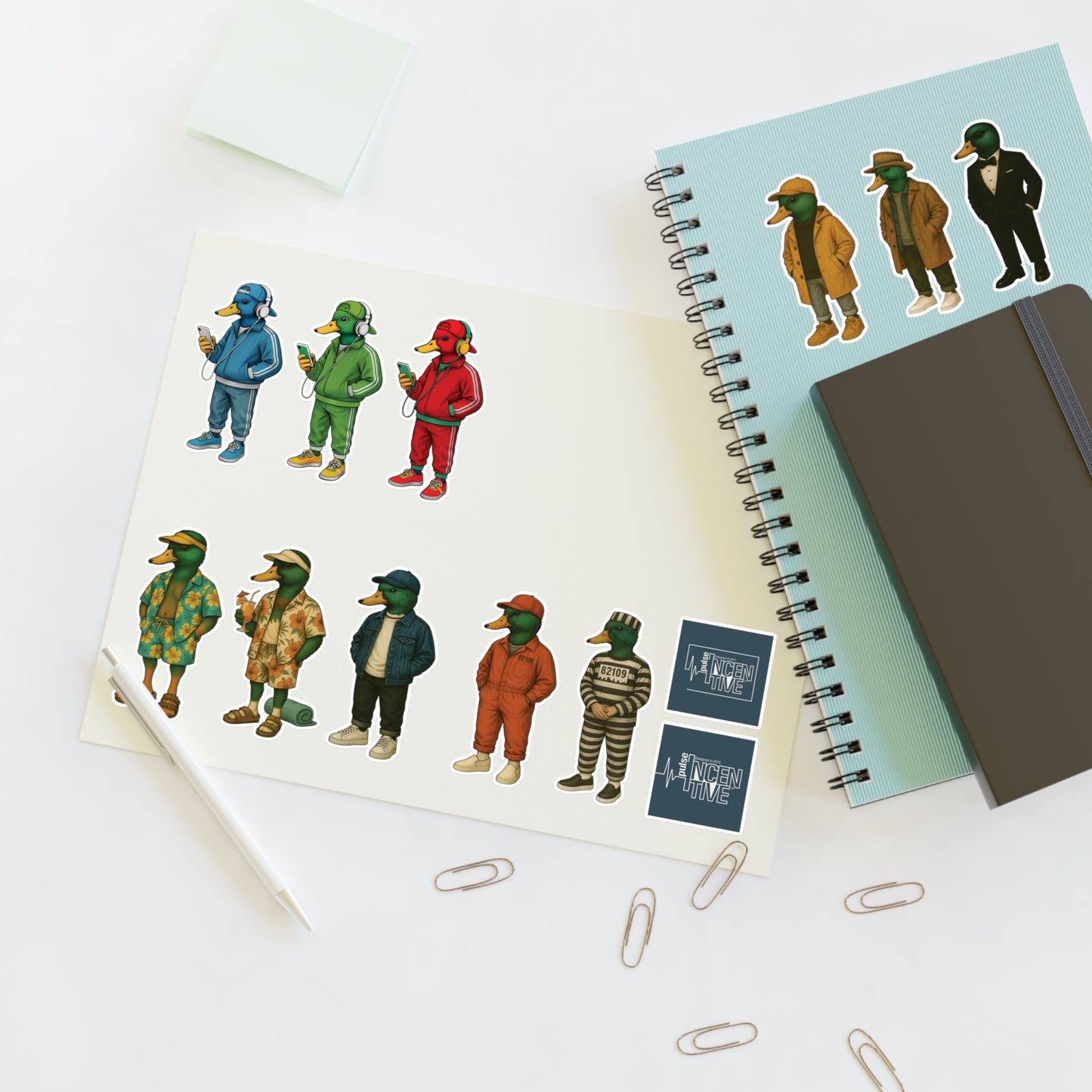 Whimsical Mallard Duck Sticker Pack displayed on paper with 11 unique duck designs and logo decals, next to a notebook