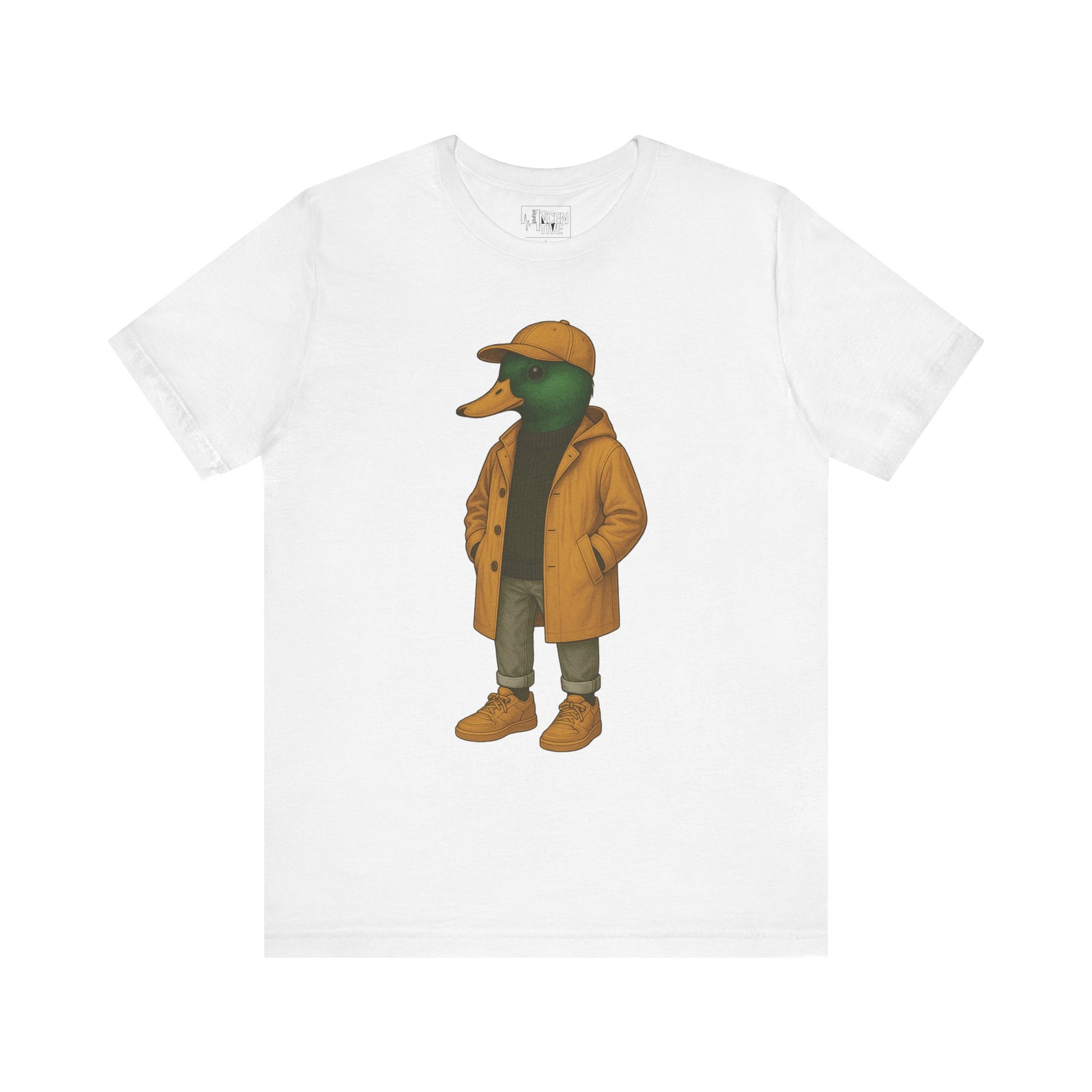 White Rain Duck T-shirt front view with anthropomorphic mallard duck graphic