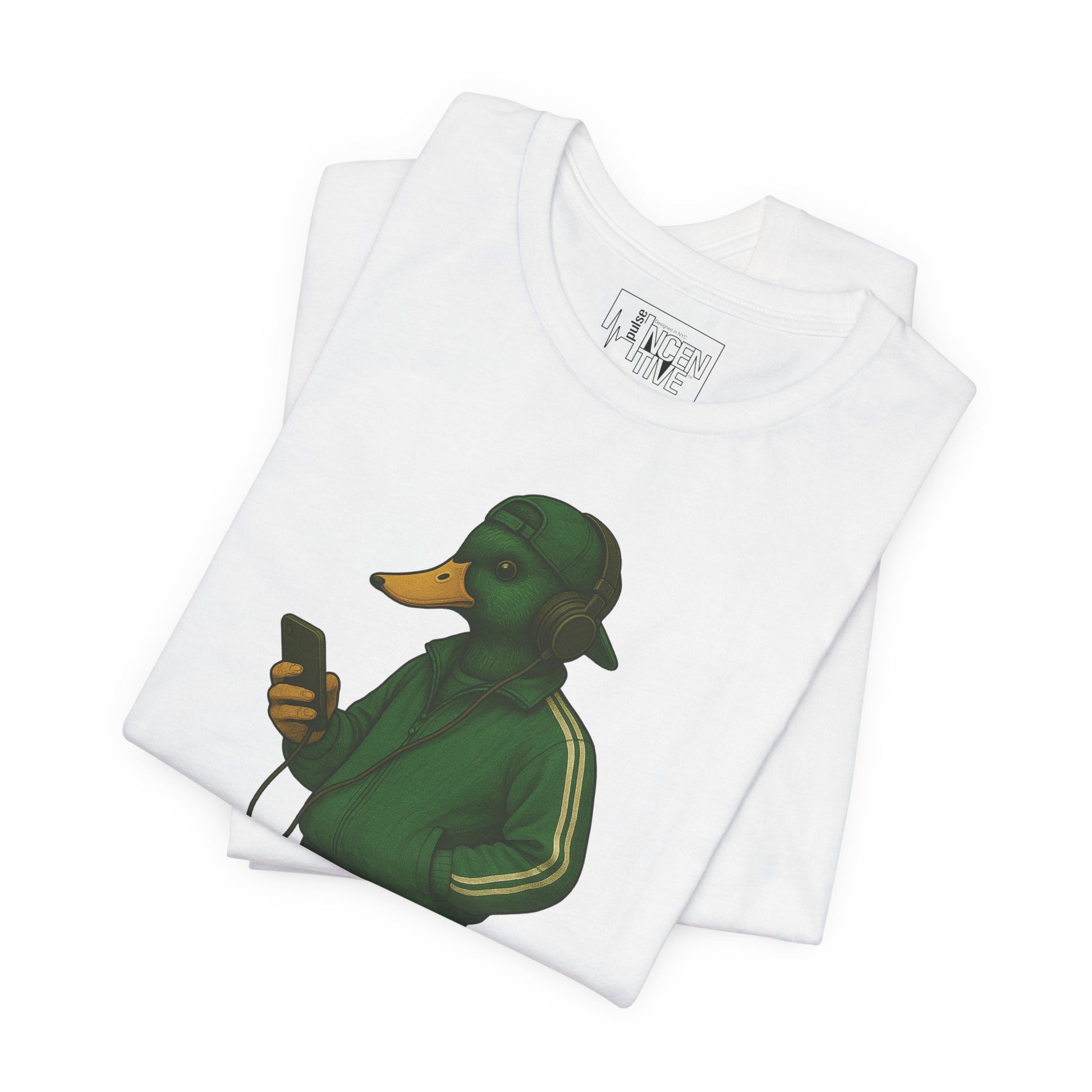White Tracksuit Duck T-shirt folded view with anthropomorphic mallard duck graphic
