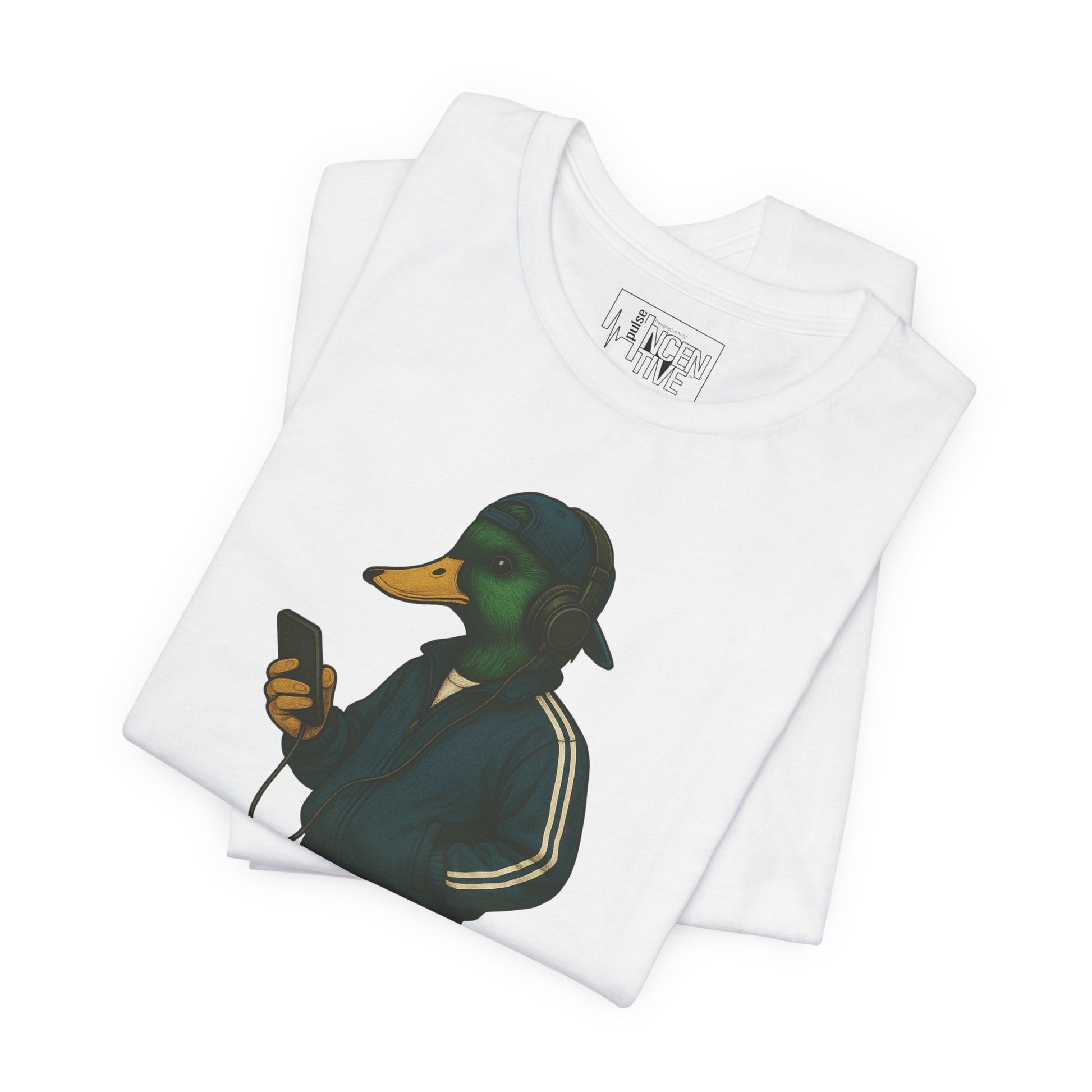 White Tracksuit Duck T-shirt folded view with anthropomorphic mallard duck graphic