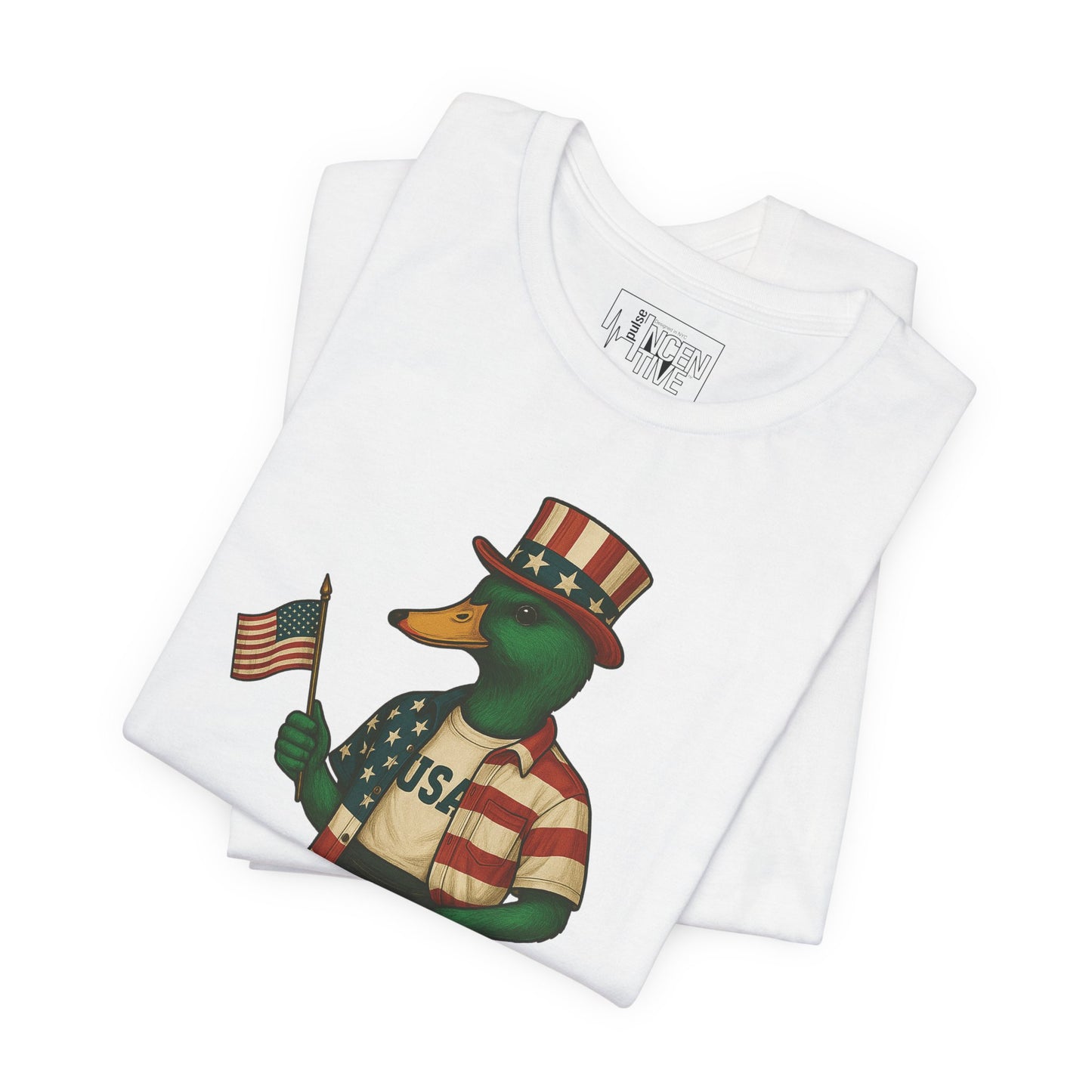 White USA Duck T-shirt folded view with anthropomorphic mallard duck graphic
