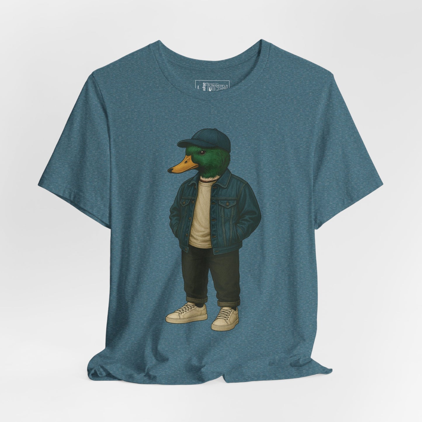 Deep Teal Denim Duck T-shirt front view with anthropomorphic mallard duck graphic