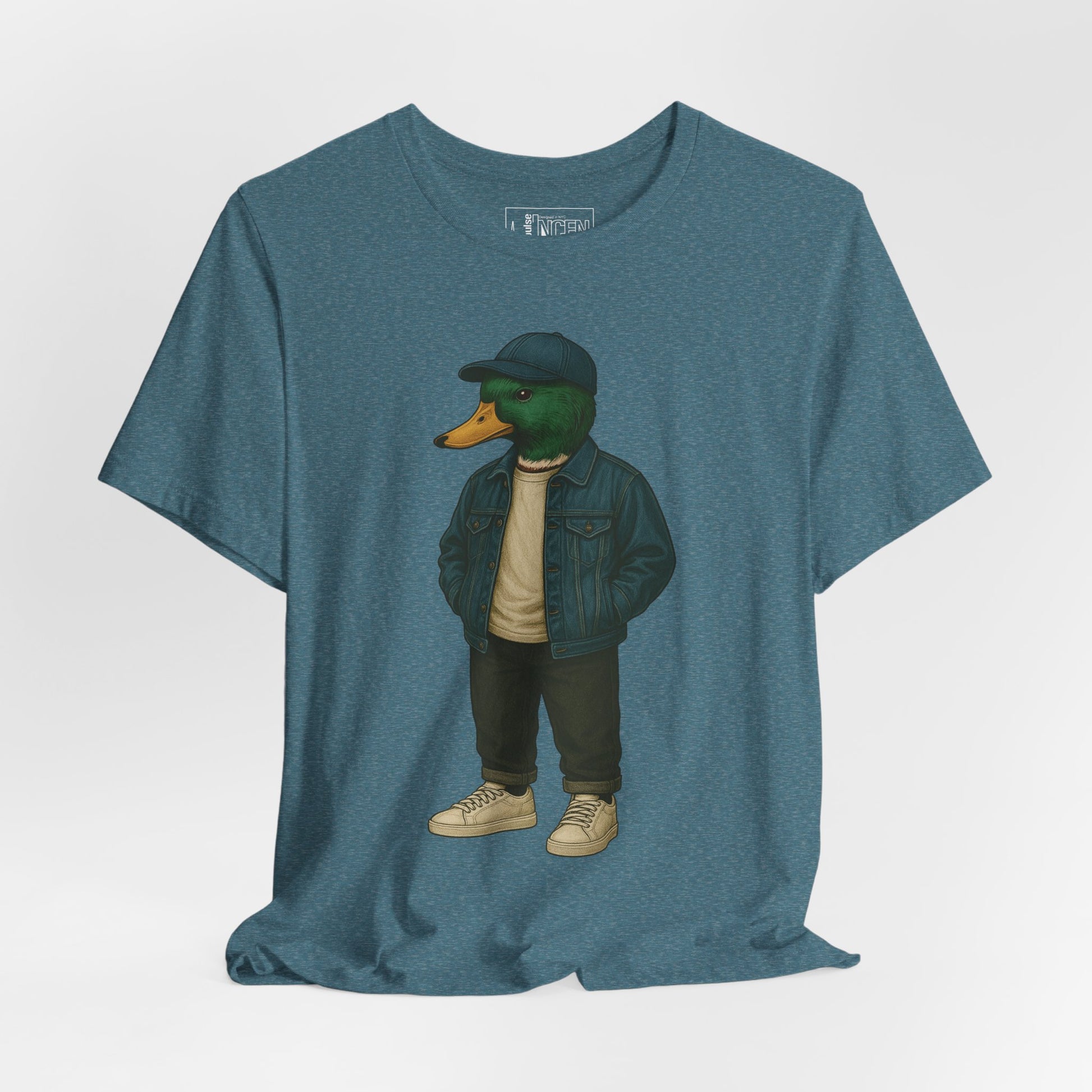 Deep Teal Denim Duck T-shirt front view with anthropomorphic mallard duck graphic