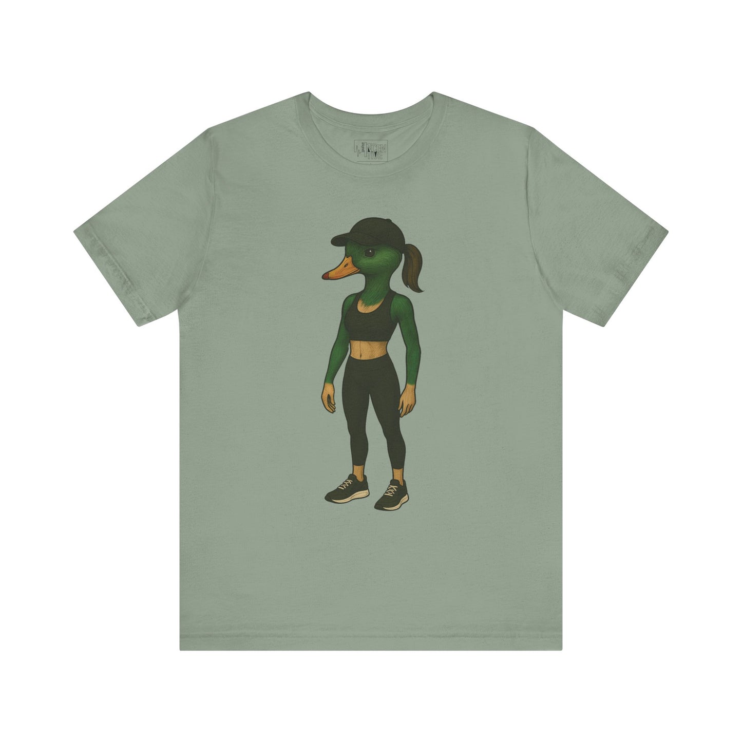 Sage Athletic She Duck T-shirt front view with anthropomorphic mallard duck graphic