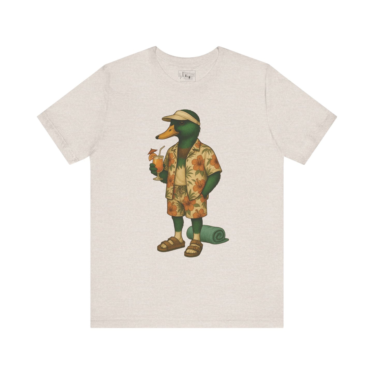 Heather Dust Poolside Duck T-shirt front view with anthropomorphic mallard duck graphic
