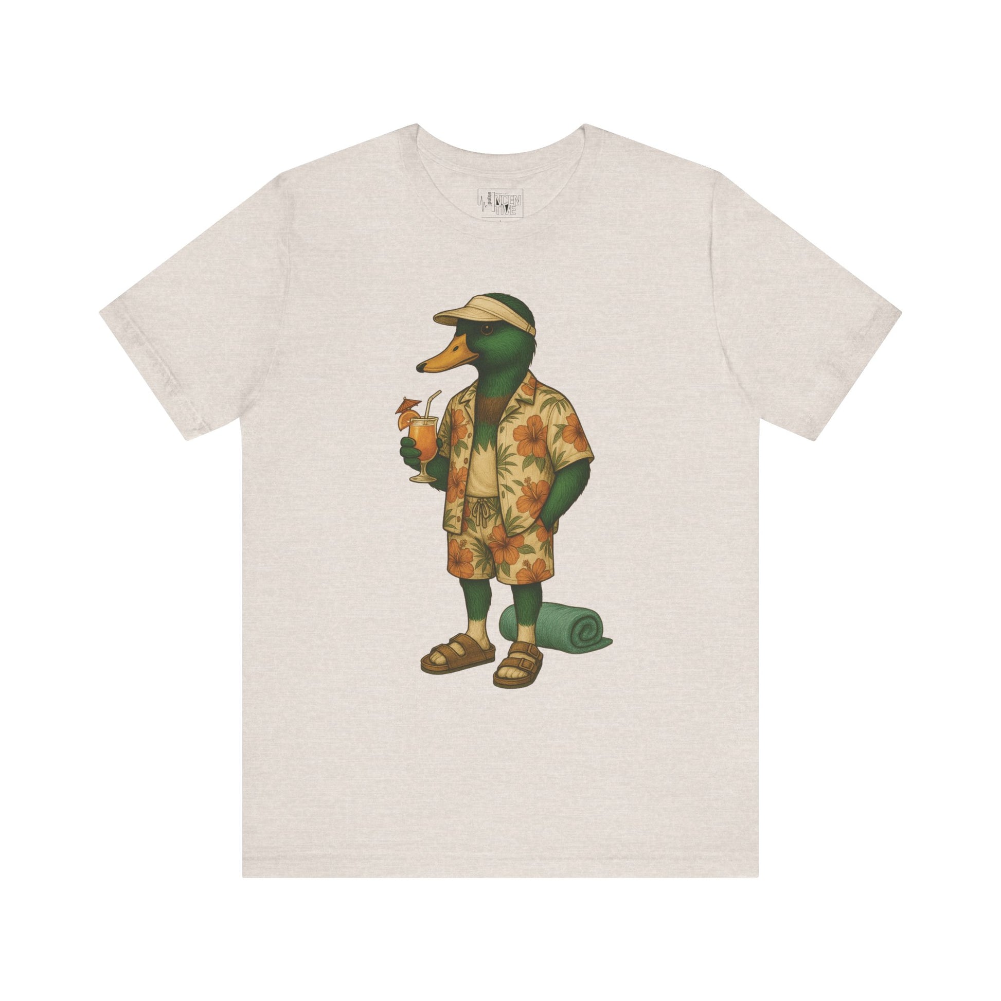 Heather Dust Poolside Duck T-shirt front view with anthropomorphic mallard duck graphic