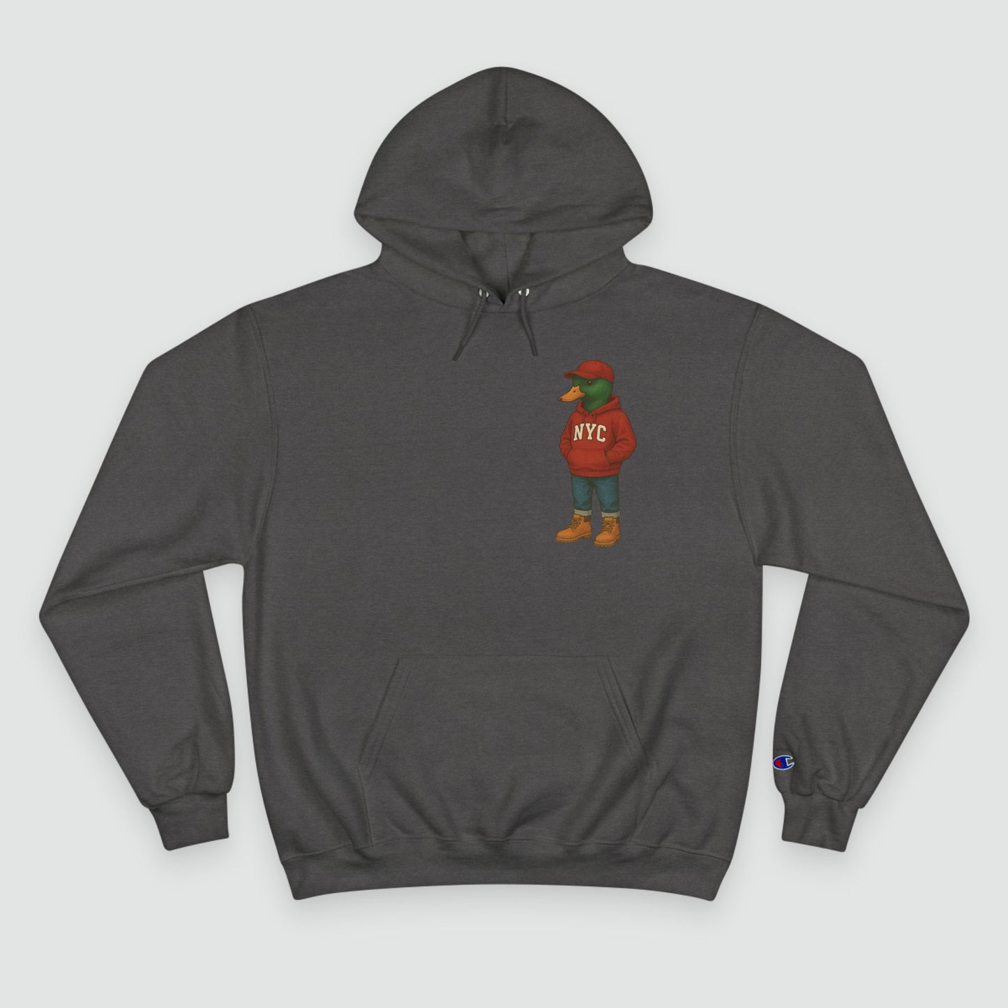 Charcoal NYC Duck Hoodie front view with anthropomorphic mallard duck chest graphic