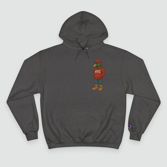 Charcoal NYC Duck Hoodie front view with anthropomorphic mallard duck chest graphic