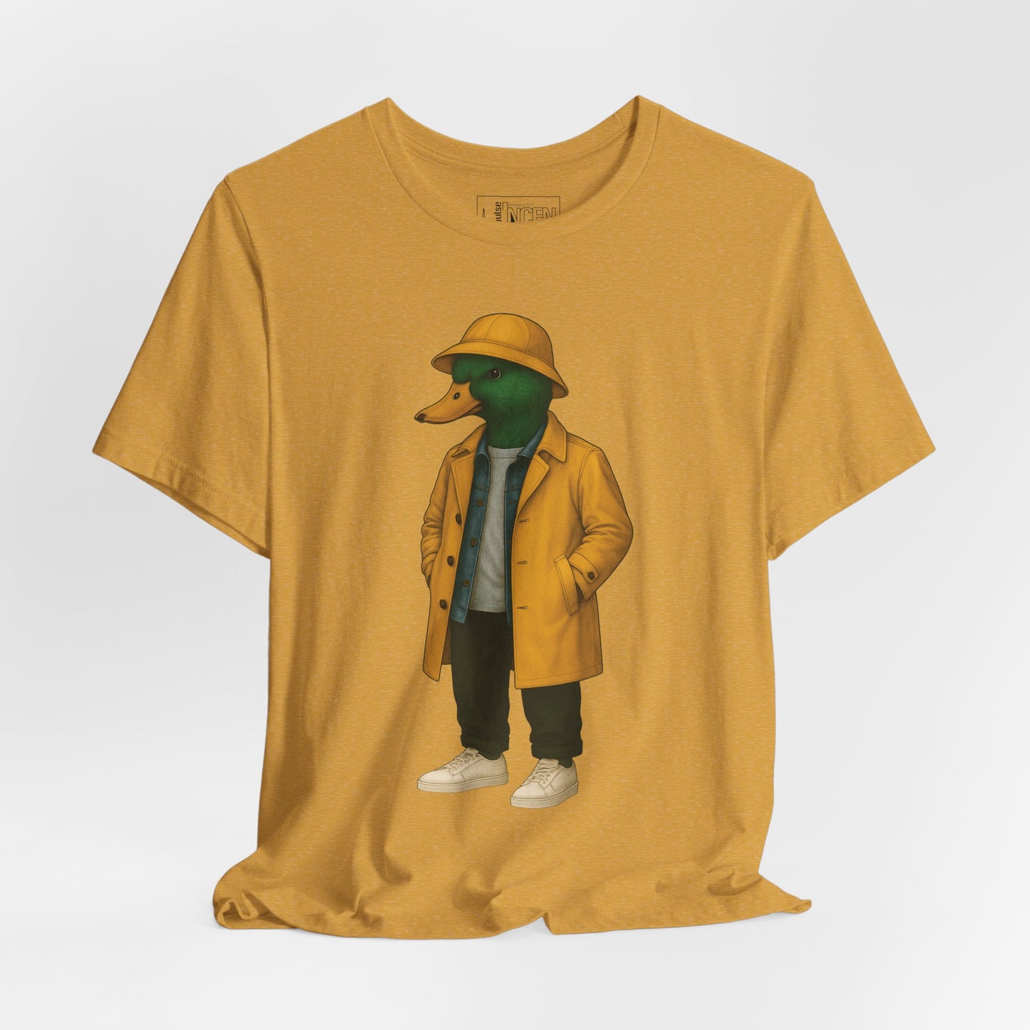 Mustard Storm Duck T-shirt front view with anthropomorphic mallard duck graphic