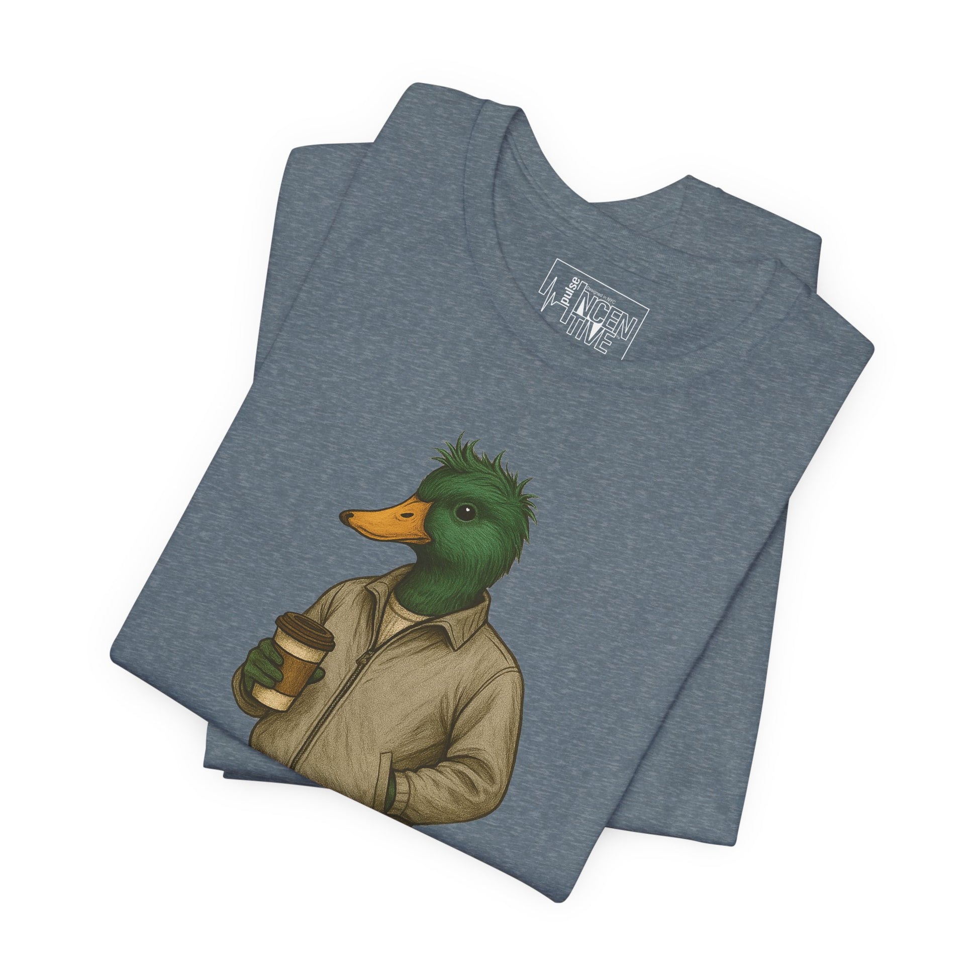 Slate Disheveled Duck T-shirt folded view with anthropomorphic mallard duck graphic