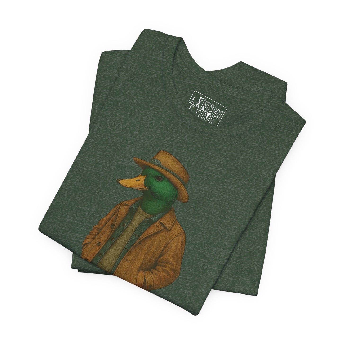 Forest Green Noir Duck T-shirt folded view with anthropomorphic mallard duck graphic