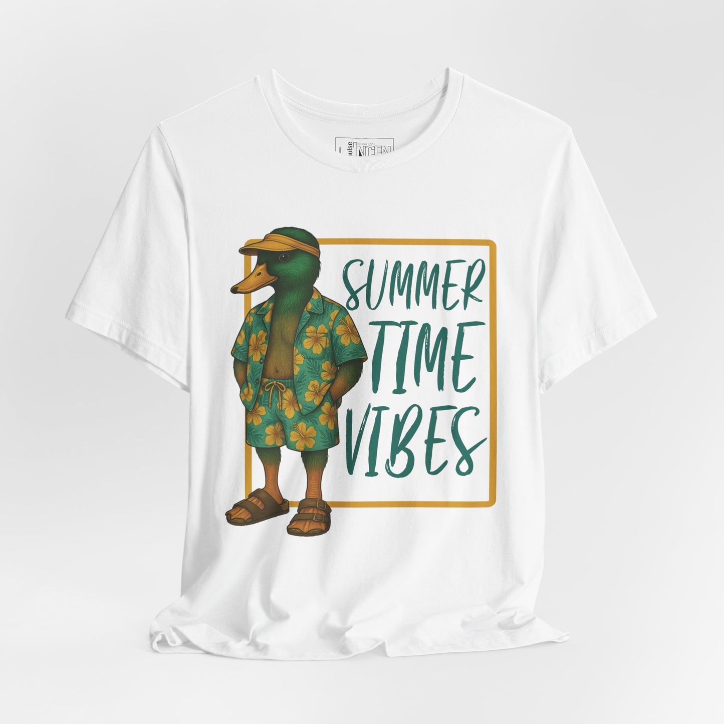 White Summer Duck T-shirt front view with anthropomorphic mallard duck graphic