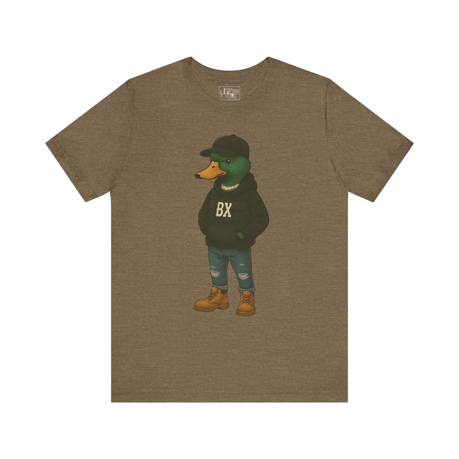 Olive Bronx Duck T-shirt front view with anthropomorphic mallard duck graphic