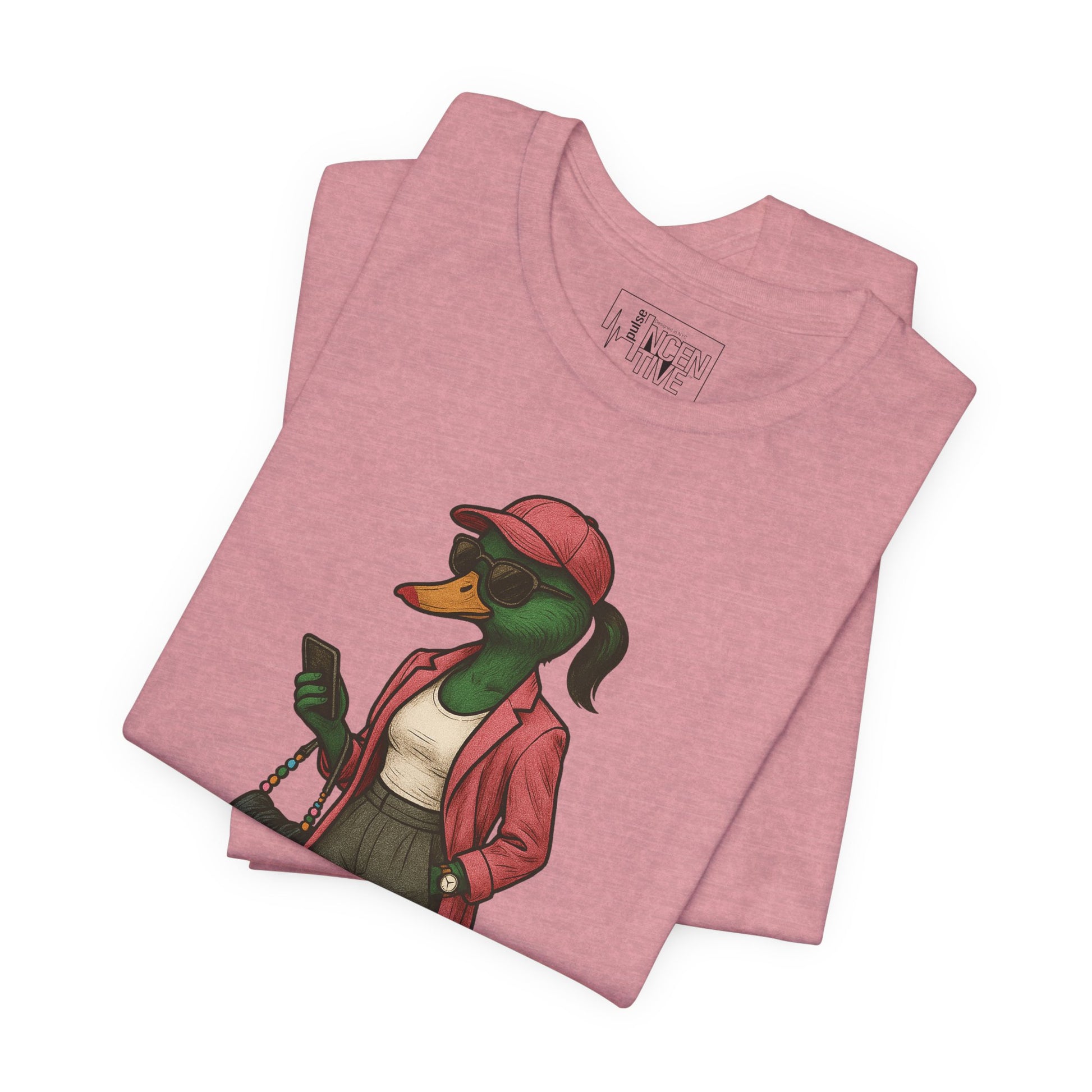 Orchid Fashionista She Duck T-shirt folded view with anthropomorphic mallard duck graphic